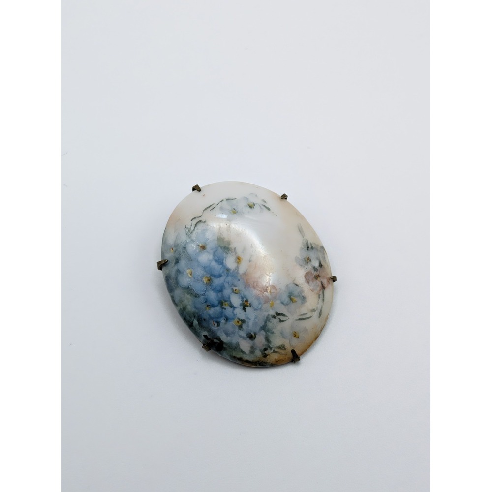 Antique Hand Painted Porcelain Forget Me Not Floral Brooch Brass Oval C-Clasp